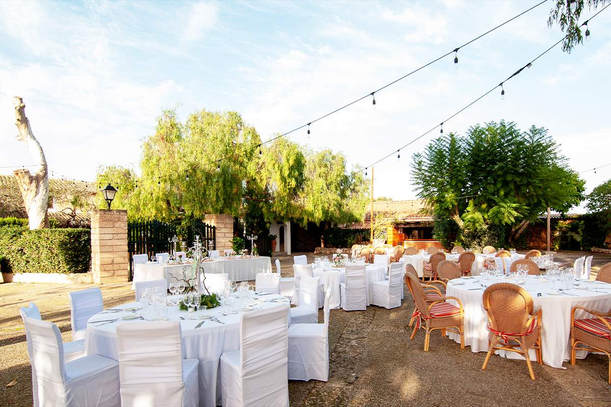 Mesas de banquete preparadas en el jardín a mediodía